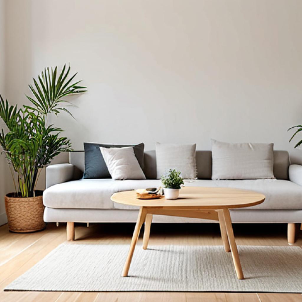 **

A minimalist living room featuring a multi-functional coffee table that can be raised to dining table height. The room has light-colored walls, a sofa, and natural light streaming in.  There's a potted plant in the corner. The style is clean and uncluttered, with a focus on maximizing space.  Keywords: minimalist interior, small apartment, multi-functional furniture, light colors, natural light, space-saving, Scandinavian design.

**
