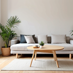 **

A minimalist living room featuring a multi-functional coffee table that can be raised to dining table height. The room has light-colored walls, a sofa, and natural light streaming in.  There's a potted plant in the corner. The style is clean and uncluttered, with a focus on maximizing space.  Keywords: minimalist interior, small apartment, multi-functional furniture, light colors, natural light, space-saving, Scandinavian design.

**