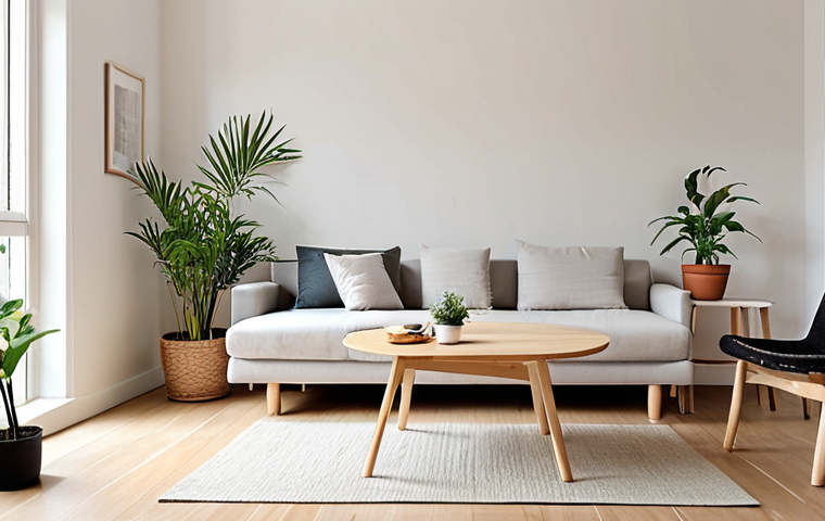 **

A minimalist living room featuring a multi-functional coffee table that can be raised to dining table height. The room has light-colored walls, a sofa, and natural light streaming in.  There's a potted plant in the corner. The style is clean and uncluttered, with a focus on maximizing space.  Keywords: minimalist interior, small apartment, multi-functional furniture, light colors, natural light, space-saving, Scandinavian design.

**